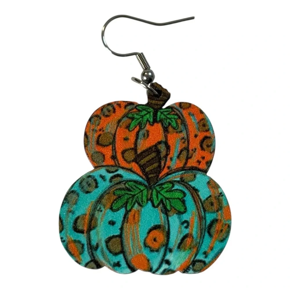 Pumpkin Earrings Womens OS Orange‎ Teal Leopard Print Halloween Dangle Fall